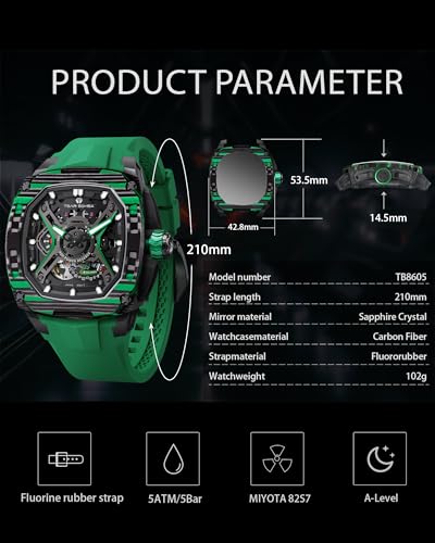 Image of TSAR BOMBA Luxury Mechanical Watches for Men with Carbon Fiber Case Men Wristwatch Luminous 5ATM Water Resistant Men's Watch with Fluorine Rubber Strap Great Gifts for Men