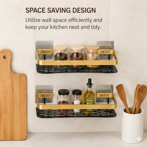 Image of Arto Wall Mounted Shelf | Self-Adhesive Aluminium Rack for Bathroom & Kitchen | Drill-Free, Rustproof, Heavy Duty Holder | 13x30x5.5 cm | Black /Gold (POF-2)