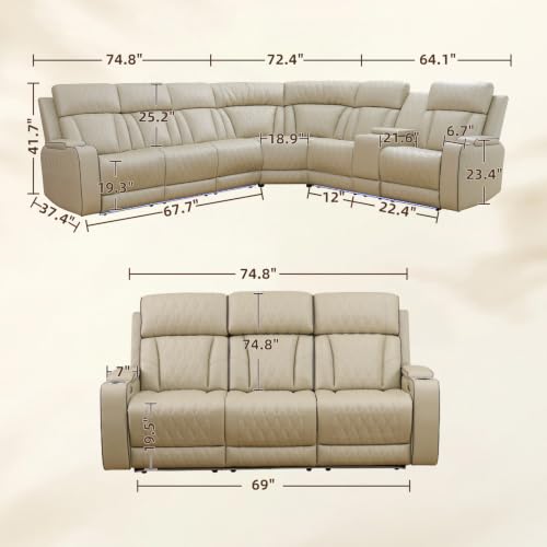 Image of Power Reclining Sectional Sofa Set, Beige Air Leather Recliner Couch with Wireless Charging, Reading Lights, Cup Holders, USB & Type-C Ports, Storage Console for Living Room Home Theater