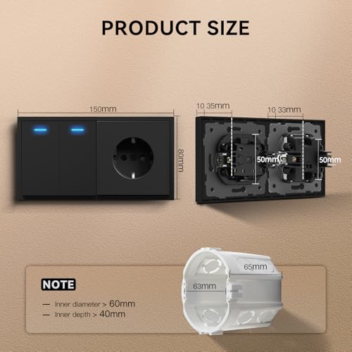 BSEED Lichtschalter mit Steckdose Matt, Wechselschalter Steckdosen, Nur Horizontale Montage, C-Serie,2 Fach 1 Weg,150mm Schwarz
