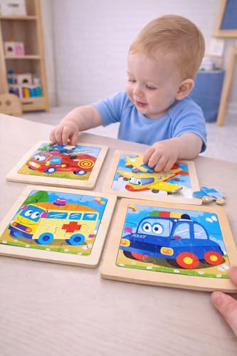 Image of Fun4You-Wooden Vehicle Puzzle for Kids | Car, Bus, Fire Truck & Aeroplane Jigsaw Board | Educational Wooden Learning Toy for Toddlers & Preschool Kids (25 Years)