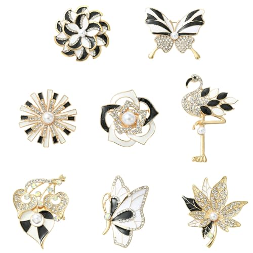 Ipotkitt 8 pines esmaltados de aleación con diamantes de imitación con perlas de imitación, elegantes broches de mariposa, pájaro, rosa, para manualidades, vestidos, mochilas, sombreros, jeans