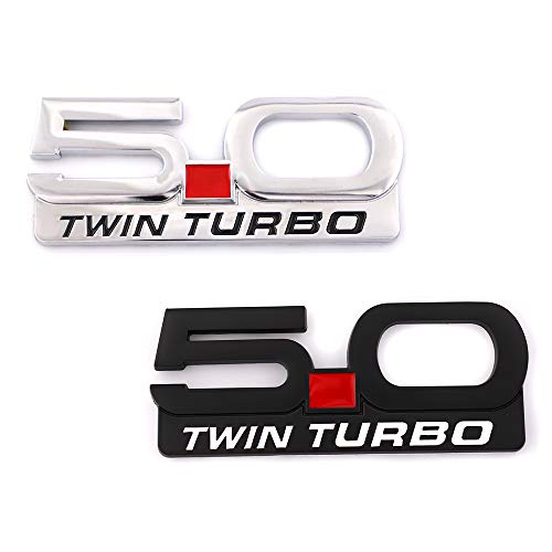 Image of 2X 5.0 Twin Turbo Emblem Decal Replacement for F150 Mustang GT Billet Coyote 5.0 Supercharged T Metal Fender Trunk Badge Nameplate Sticker Decorative (Black)