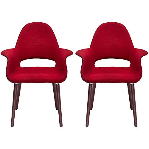 2xhome - Set of 2 Organic Upholstered Fabric Modern Armchairs with Dark Walnut Brown Wooden Legs for Dining Room Office or Accent Chair (Red)