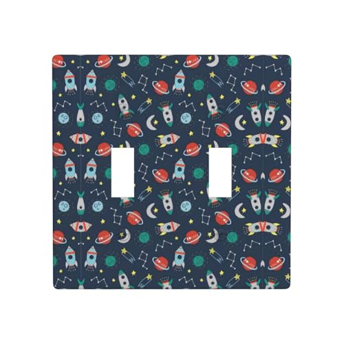 Poezjzw Rocket Clipart Space Ship Pattern Light Switch Cover Receptacle Cover Double Toggle Decorative Wall Plate, Standard Size 4.5 in X 4.5 in