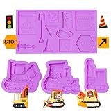 4 Pcs Excavator Chocolate Molds, Construction Site Crane Bulldozer Silicone Fondant Molds, Forklift Construction Sign Candy Baking Molds for Cake Decoration Gum Paste Clay DIY Craft Resin