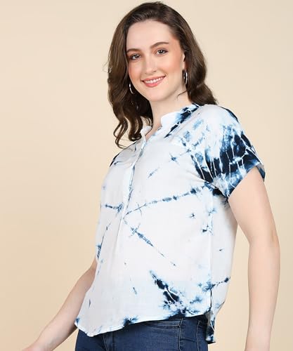 Image of Maaesa Women Handmade Regular Fit Tie-Dye Rayon Top | Casual Wear & Office Wear | Short Sleeve | Mandarin Neck | Lightweight & Breathable Fabric