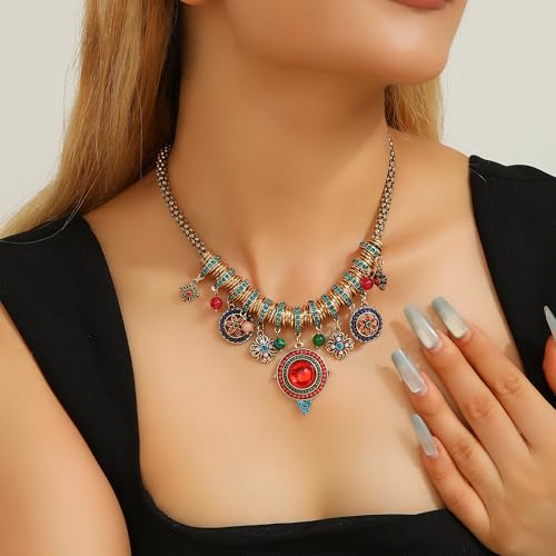 SUNLAND Bohemian Multicolor Round Pendants Enamel Rhinestone Ethnic Necklace for Women2