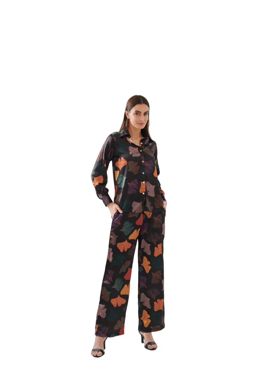 Patlani Women's Co-Ord Set (Red Leavs Printed Crop Shirt & Elasticated Waist Pant Set)