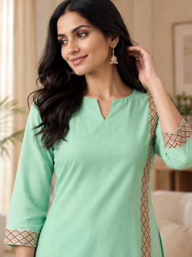 Image of Yash Gallery Women's Cotton Embroidered Straight Kurta & Pant Ethnic Wear