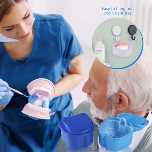 Image of KISEER Denture Bath Case Cup Box Holder Storage Soak Container with Strainer Basket for Travel Cleaning (Blue)