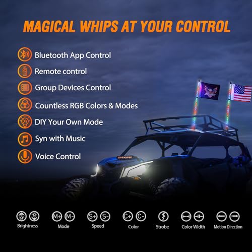 Image of Nilight 2PCS 2FT RGB LED Whip Light with Extra Stop Turn Reverse Lights, Remote & App Control, DIY Chasing Patterns, Safety Antenna Lighted Whips for ATV UTV Polaris RZR Can-am