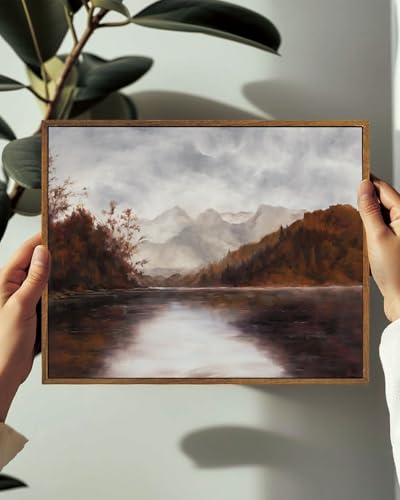 Image of KISSFOX Framed Wall Art Vintage Wall Art Autumn Lake Scenery Canvas Art Forest Pictures Moody Paintings Fall Artwork Farmhouse Prints For Bedroom Kitchen Living Room