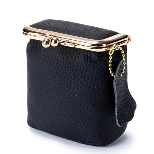 Litchi Leather Coin Purse for Women Portable Vintage Wallet Mini Lipstick Holder Fashion Solid Color Kiss Lock Key Storage Square Pouch (Black)