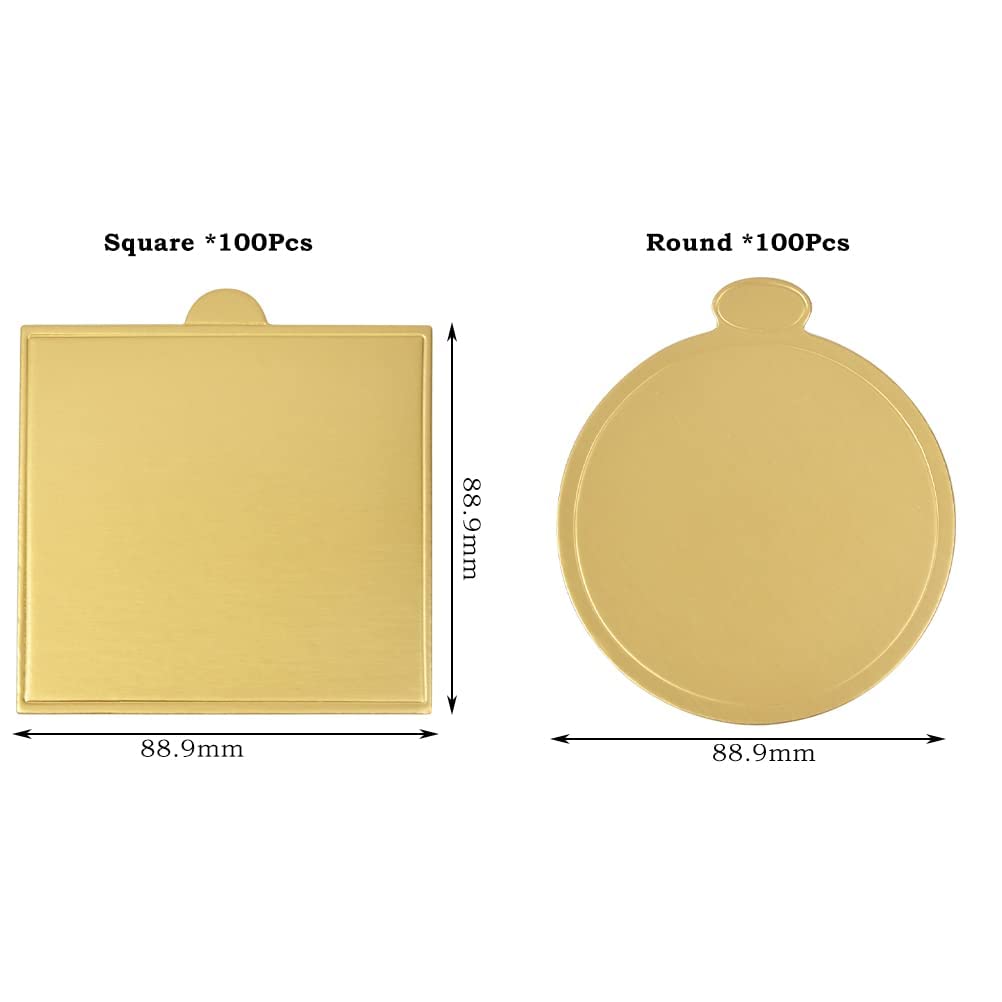 200 unidades de mousse para tartas de papel, bandeja reutilizable de oro, mini tarta de postre, expositor, tambor de papel para tartas de papel, platos de postre base para bodas y cumpleaños (redondo