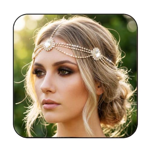 Zoestar Strass-Kopfkette Schmuck goldfarben glitzernder Kristall Kopfschmuck Braut-Haarschmuck für Damen (Gold Einheitsgröße)