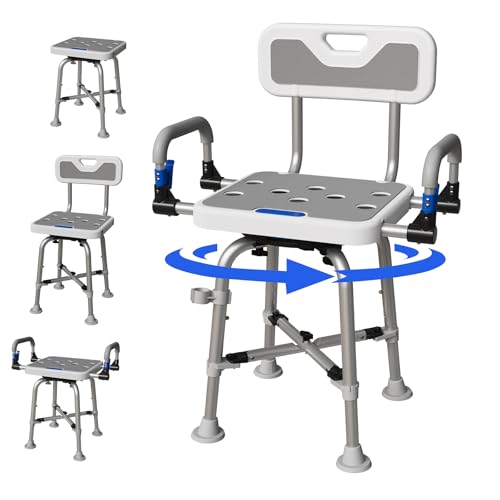 360 Swivel Shower Chair for Elderly and Disabled 400lbs Heavy Duty Bathing Transfer Stool with Armrests & Backrest Adjustable Height Bath Chair for Inside Shower Standard Bathrooms & Bathtubs Gray