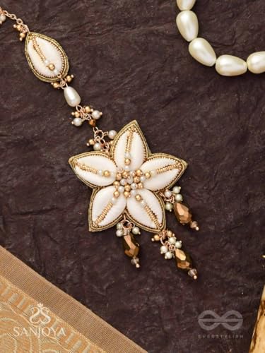 Image of SANJOYA by EVERSTYLISH Embroidered Maangtika for Women | Shell, Beads & Glass Drop Statement Headpiece | Ethnic Jewelry for Weddings, Festivals & Special Occasions