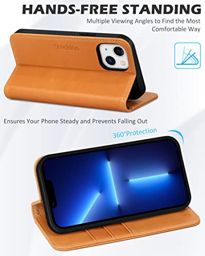 Shieldon Case For Iphone 13 5G, Genuine Leather Durable Flip Wallet Kickstand Rfid Blocking Credit Card Holder Magnetic Shockproof Protective Case Compatible With Iphone 13 (6.1" 2021 Release) - Brown #TOP4