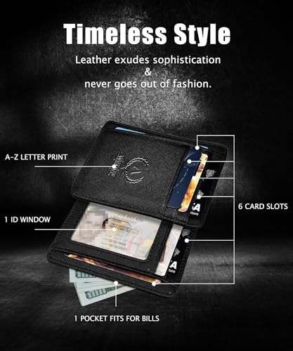 Personalized Initial Card Wallet - Deep 3D Embossed Floral Leather Slim RFID Blocking Holder, Ultra-Thin 0.8cm Custom Monogram Gift for Men & Women (A, Onyx Black)3