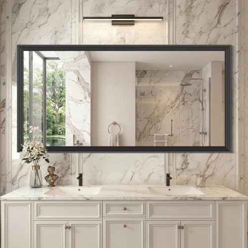 Image of DESBING Large Bathroom Mirror for Over Sink, 60 inch x 30 inch Black Rectangle Bathroom Mirrors for Double Vanity, Metal Ribbed Textured Framed Wall Mirror for Bathroom, Living Room, Bedroom,Dressing Room