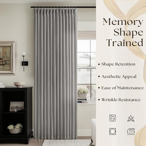 Image of Grey Linen Semi Sheer Pinch Pleated 40x108 Inch Curtains for Living Room | Gray, Floor To Ceiling 108 inch Extra Long, Light Filtering Privacy, Bedroom, Burlap Textured, Hook Rings Memory Shape Drapes