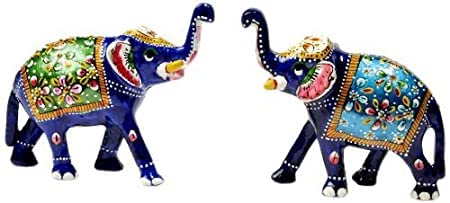 GREENTOUCH CRAFTS Enamel Work Elephant Blue Set of 2, Size Small 2 inches Approx, Made by Pure Metal with Enamel Work