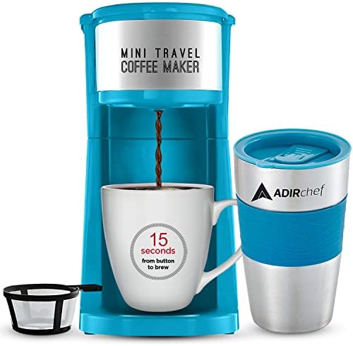AdirChef Mini Coffee Maker - Single Serve Coffee Maker, 15 oz. Travel Coffee Mug Coffee Tumbler & Reusable Coffee Filters - Ideal for Home, Office, Outdoor & More - Blue