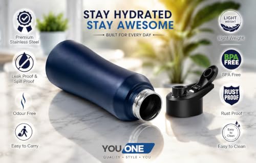 Image of YOUONE Stainless Steel 1000 ML Water Bottle /Thunder for fridge /School /Outdoor /Gym /Home /office /Boys /Girls /Kids, Leak Proof And BPA Free (Blue)