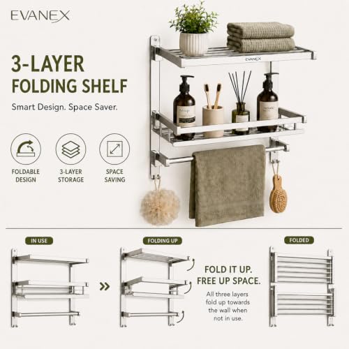 Image of EVANEX 3 Layer Folding Shelf for Bathroom 304 Grade Stainless Steel Bathroom Racks and Shelves Wall Mounted Multipurpose Shelf Bathroom Accessories Set