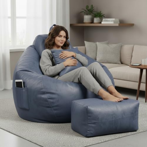 Image of 4XL Suede Bean Bag Chair with Footrest & Cushion | Filled with High Density Polystyrene Beans | Premium Soft Fabric | Teardrop Design with Handle | Ready to Use Color- (NAVY BLUE, Bean Bag)
