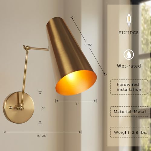Image of 9.75 inch Elegant Articulating Mid-Century Modern Metal Sconce, Multi-Color Available, Streamlined Design Metal Wall Light for Living Room, Lounge Room, Sitthing Room, Hardwire (Brass Pole with Brass)