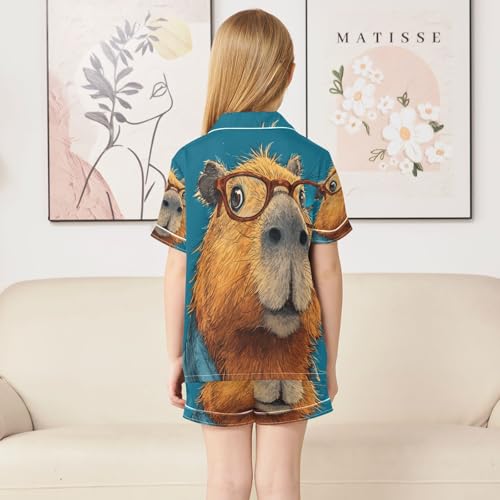 Satin Pajama Sets Short Sleeve Stylish Capybara Funny Button Down Silky Nightwear 2 Piece PJS 5-14Y4