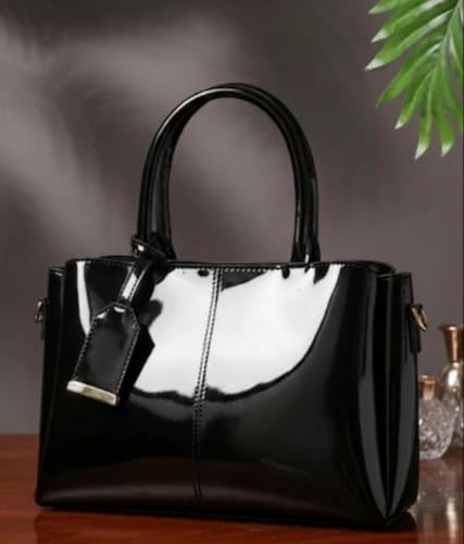 Image of Women's Top Handle Bag | Hand Held bag | Stylish Patent Synthetic Leather Handbag with Dual Handles & Detachable Sling Strap | Beige Shoulder Purse for Work & Casual Outings