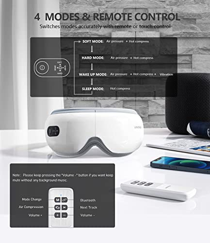 Vani Eye Massager With Heat & Compression, Bluetooth Music Rechargeable Eye Heat Massager For Relax And Reduce Eye Strain Dark Circles Eye Bags Dry Eye Improve Sleep, White #TOP1