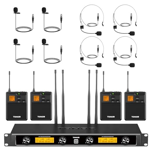 TONOR Sistema de micrófono inalámbrico UHF Diadema y Solapa duales, transmisores de petaca, Receptor Recargable, 4x5 Canales, Alcance 90M, grabación, Altavoces, Iglesias, Fiestas y mezcladores