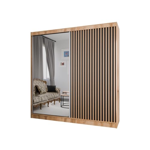 Margaret Hadas24 Kleiderschrank Lili mit Lamellen und Spiegel, Organizer, Mehrzweckschrank, Schwebetürenschrank, Garderobenschrank, Kleiderstange, Kleiderständer, Schrank, 200 cm, braun, schwarz,