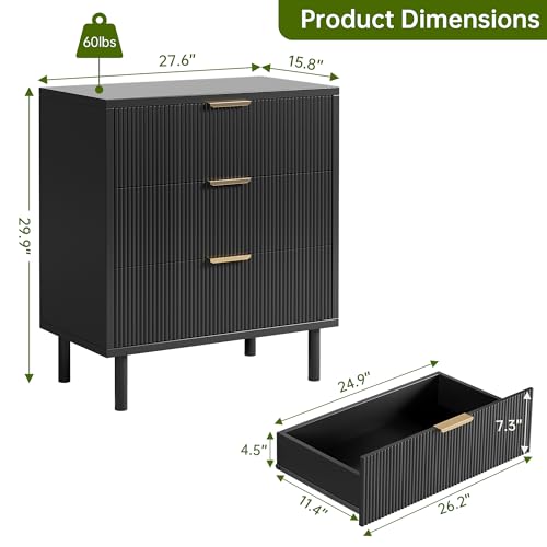 GarveeHome Black Fluted 3 Drawers Dresser, Wide Wood Chest of Drawers, Modern Storage Dresser Chest of Drawers Organizer with Metal Legs and Anti-Tipping Device for Bedroom Living Room