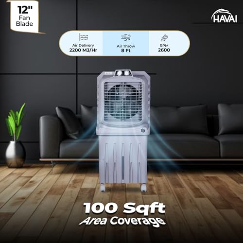 Image of HAVAI Breeze-12 Personal Air Cooler | 50L Tank | 12″ Blade | Ideal for 100 sq ft Rooms | 98W Power | 8 ft Air Throw | 2600 RPM | Auto-Louver | 3-Speed | 1-Year On-Site Warranty (Grey)