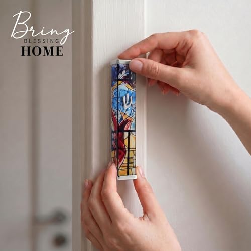 Image of SURI Mezuzah with Scroll for Door | 4 Inch Modern Aluminum Mezuzah Case | Fits 3 Inch Scroll | Gold & Silver Chagall-Inspired Design | Self Adhesive Easy Install | Judaica Jewish Gift