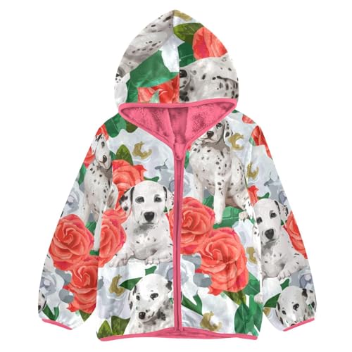 OTVEE Dalmatins Dog Red Flowers Kids Hoodie Jacket Fall Spring Full Zip Warm Outwear Coat