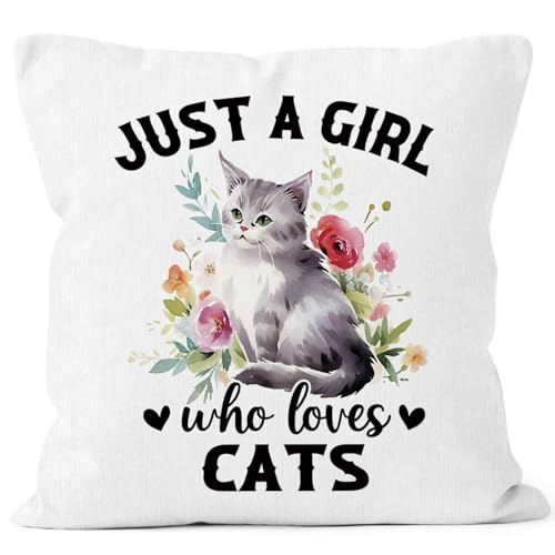 MONALET Just a Girl Who Loves Cats Throw Pillow Covers 18x18, Gifts for Cat Lovers Women Girls, Cat Decor Pillow Cases for Bedroom Living Room, Cat Pillowcases for Couch Bed Sofa