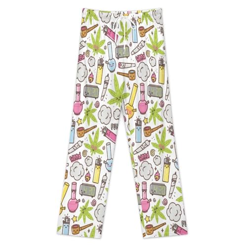 Bagea-Ka Green Weed Marijuana Kawaii Cartoon Pattern Mens Pajama Pants Lounge Sleep Long Pants with Pocket Loungewear3