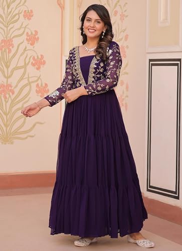 Image of FOXDX Womens Faux Georgette Sequence Embroidered Ankle Length Anarkali Gown for Women| Festival | Trending |