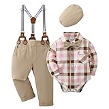 CARETOO Baby Suspenders Outfit Baby Boy Clothes Suits Infant Gentleman Outfit Formal Dress Shirt Suspender Pants Bowtie Beret Hat for Special Celebrations Brown 6-12 Months