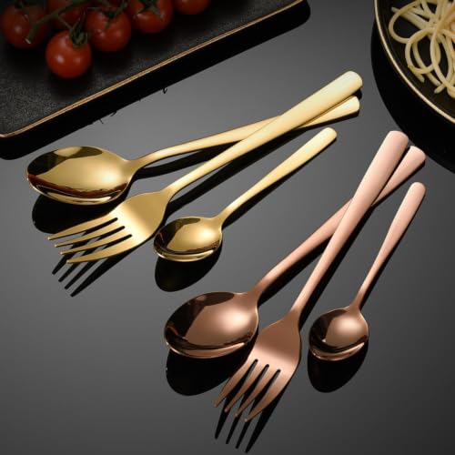 Image of Clovis Stainless Steel Flatware Set 4 Pieces, Titanium Plated Mirror Finish, Cutlery Set for 1 with Knife Fork Spoon and Teaspoon, Rose Gold