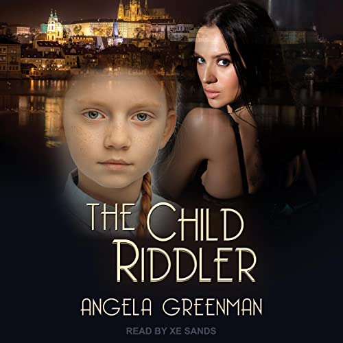 The Child Riddler audiobook cover depicting a girl's and a woman's close-ups overimposed on a city nightsky