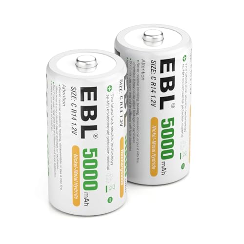 Image of EBL C Size Rechargeable Batteries, 1.2V 5000mAh High-Capacity Ni-MH C Cell Batteries - Long Lasting Power for Toys, Flashlights, Radios & More, Pack of 2 (C2)
