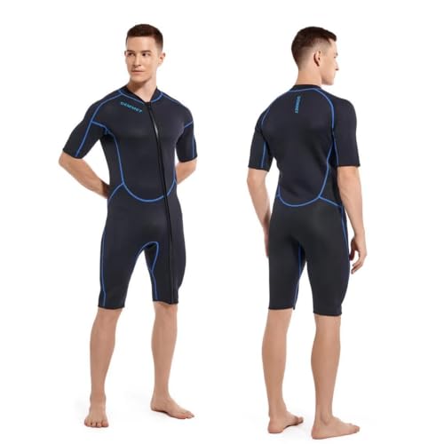 New Wetsuit Men's Style 1.5/3mm Neoprene One-Piece Short Sleeves Swimsuit Warm Sun Protection Snorkeling Outdoor Surf Wet Type Suit (3MM Men Blue, Medium)