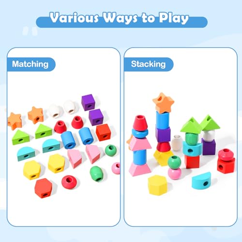 Montessori Bead Sequencing Set for Kids, Wooden Lacing Beads Toys for Toddlers, Matching Color Shape Stacker for 2 3 4 5 Years Old, Preschool Learning Educational Toys Gifts